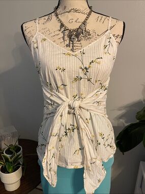 Express Ivory Floral Tie Waist Cami Tank Top Small Cottagecore